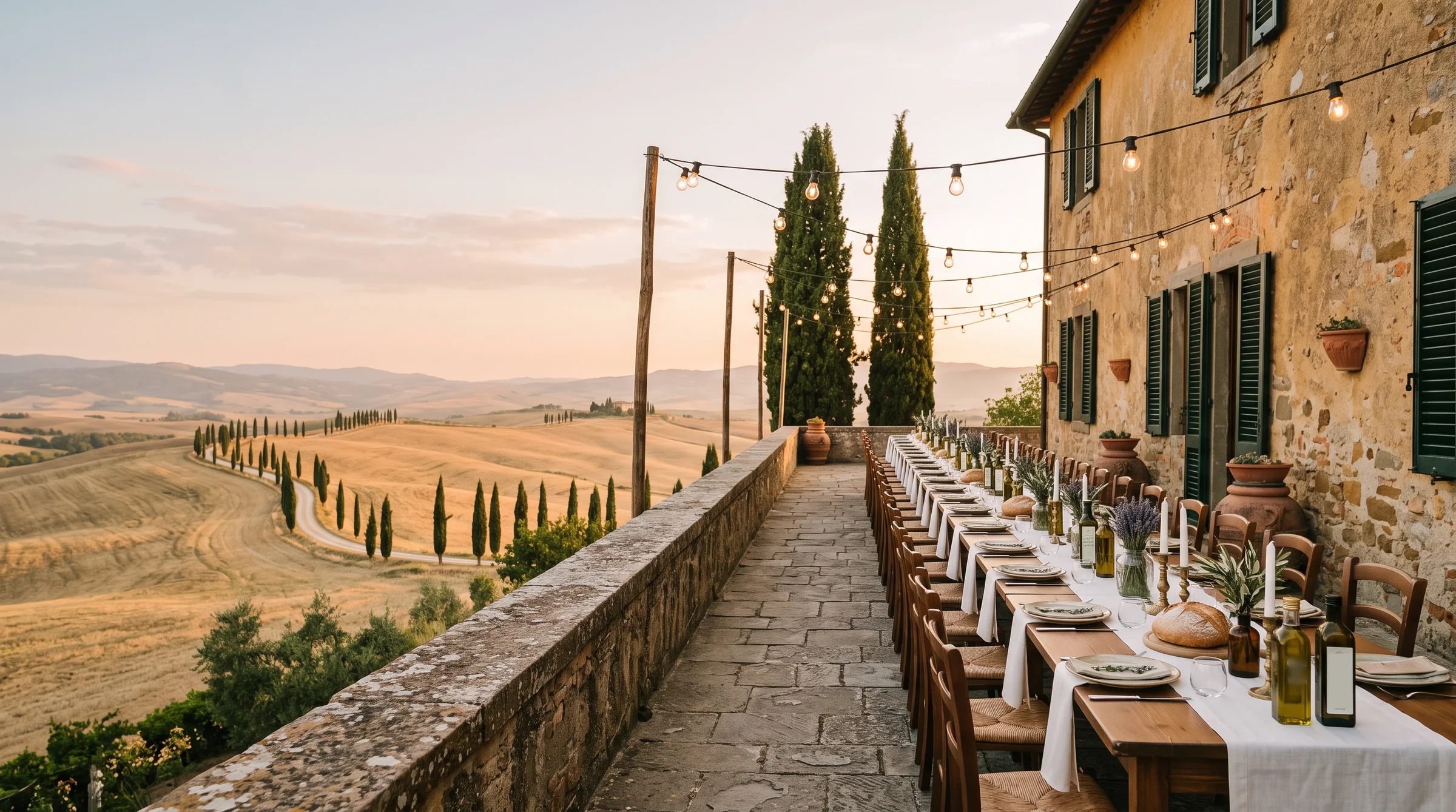 Terraço de uma villa de pedra com uma mesa comprida posta, luzinhas e as colinas do Val d'Orcia ao entardecer